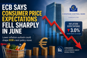 European Central Bank building with eurozone inflation chart showing lower consumer price expectations in June