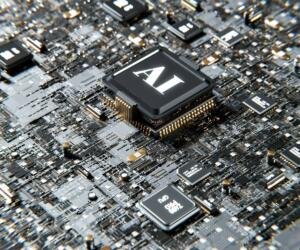 Illustrative AI processor graphic, not the V100 benchmark system tested