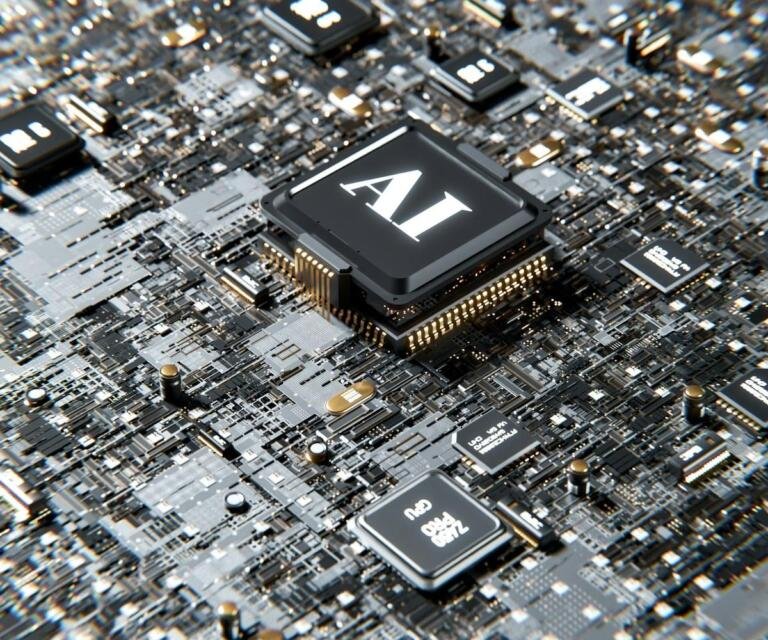 Illustrative AI processor graphic, not the V100 benchmark system tested