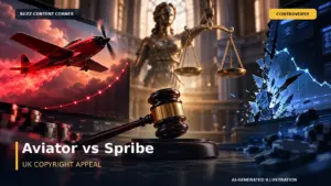 AI-generated legal copyright dispute illustration for Aviator v Spribe